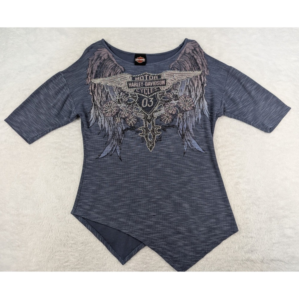 Harley Davidson Women's Shirt Size L Embellished Bling Graphic Print Logo *Hole